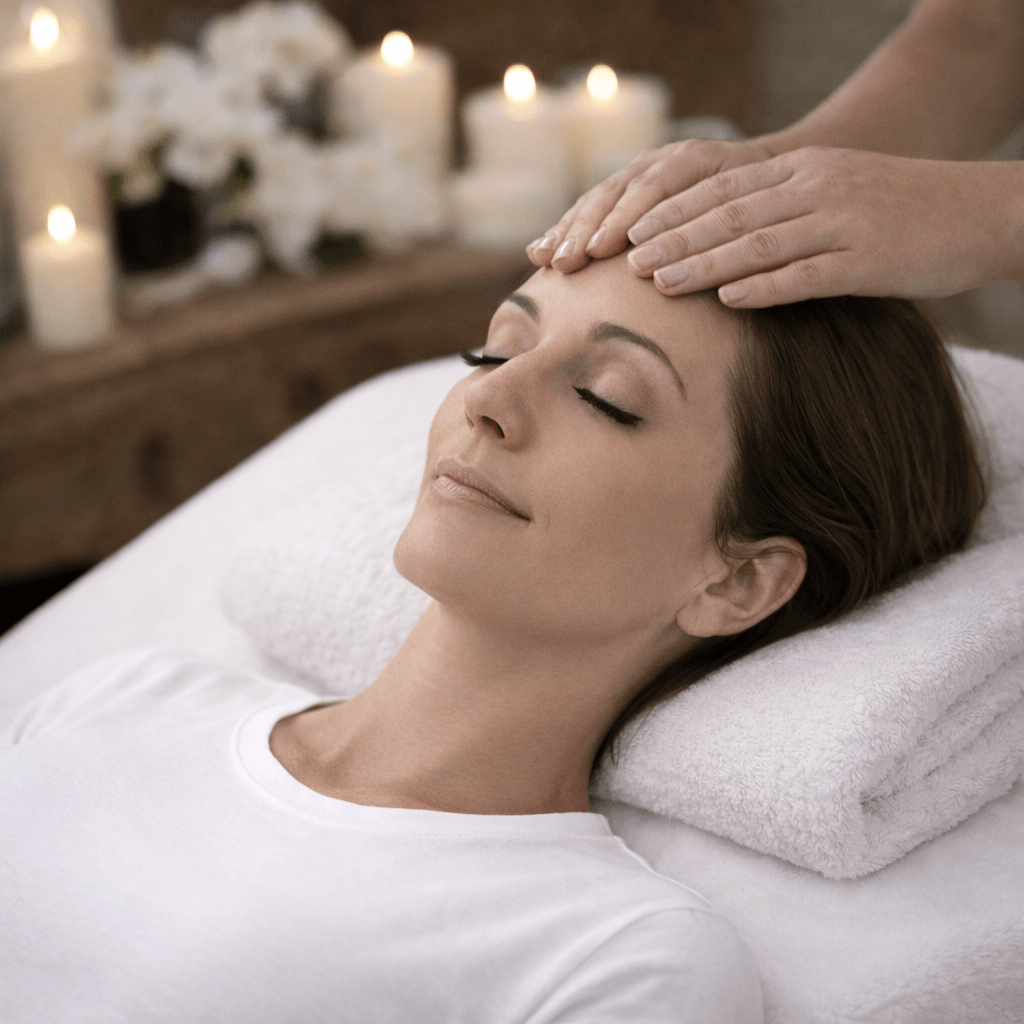 Woman receiving a facial massage with a towel wrapped around her head